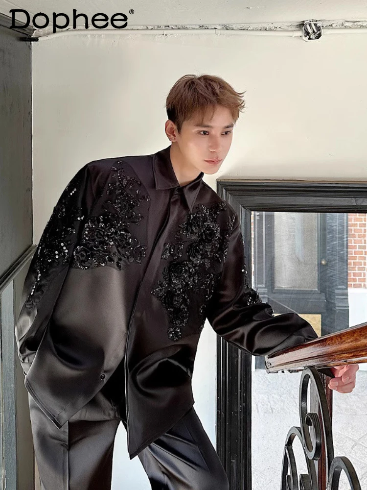 2025 Spring New Satin Tops Three-dimensional Sequin Embroidered Shirts Men's Long Sleeve High-end Trend Lapel Light Luxury Shirt
2025 Spring New Satin Tops Three-dimensional Sequin Embroidered Shirts Men's Long Sleeve High-end Trend Lapel Light Luxury Shirt
