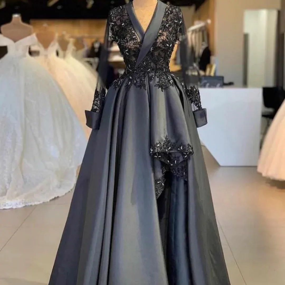 V Neck Mermaid Long Sleeves Lace Appliques Side Split Black Satin Party Wedding Guest Mother Dress Vintage Of The Bride Dresses
V Neck Mermaid Long Sleeves Lace Appliques Side Split Black Satin Party Wedding Guest Mother Dress Vintage Of The Bride Dresses