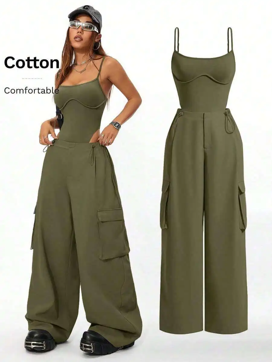 2pcs Women Casual Spaghetti Strap Jumpsuit And Loose Cargo Pants Set Spring Summer
2pcs Women Casual Spaghetti Strap Jumpsuit And Loose Cargo Pants Set Spring Summer