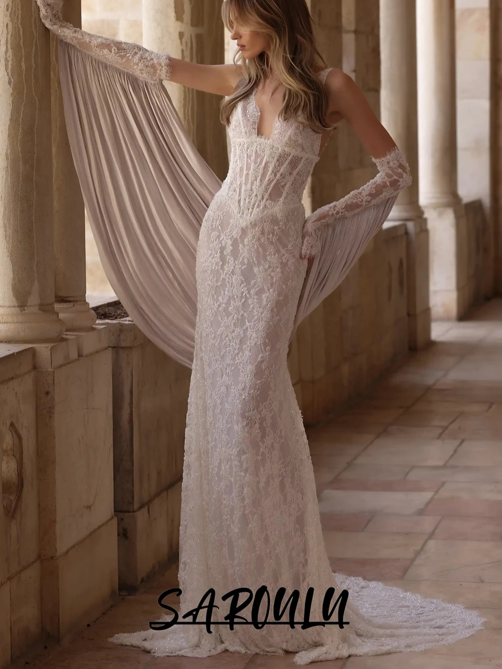 Boho Chic Lace Mermaid Wedding Dress Detachable Draped Sleeves Backless Bridal Gown Dainty Glitter Plunge Neckline Bride Wear
Boho Chic Lace Mermaid Wedding Dress Detachable Draped Sleeves Backless Bridal Gown Dainty Glitter Plunge Neckline Bride Wear