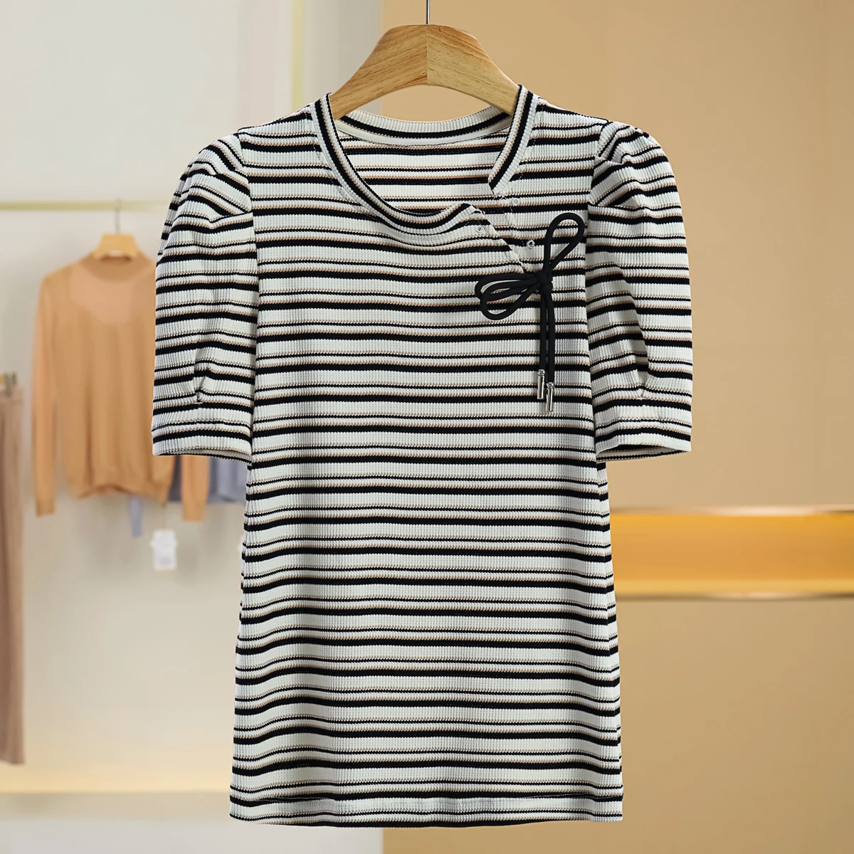 Hanging Buddha round Neck Stripe Knot Short Sleeve Knitted Sweater Summer New Style Brand Button Women's Fashion 163
Hanging Buddha round Neck Stripe Knot Short Sleeve Knitted Sweater Summer New Style Brand Button Women's Fashion 163