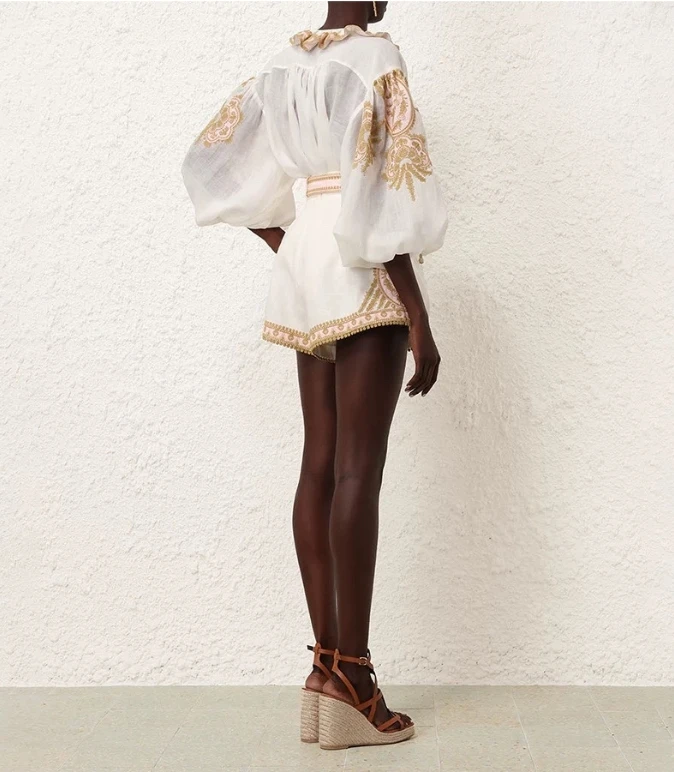 White Embroidery 2025 High Quality New Design Long Sleeve Ruffles Ramie Blouse Tops and Linen Shorts Women Set
White Embroidery 2025 High Quality New Design Long Sleeve Ruffles Ramie Blouse Tops and Linen Shorts Women Set