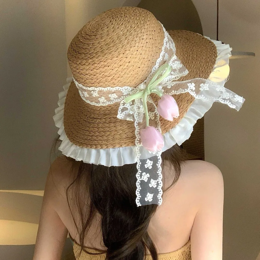 Fashion Sweet Lace Tulip Sun Hat Wide Brim Korean Style Straw Woven Hat Elegant Flat Top Bow Sunscreen Hat Ladies
Fashion Sweet Lace Tulip Sun Hat Wide Brim Korean Style Straw Woven Hat Elegant Flat Top Bow Sunscreen Hat Ladies