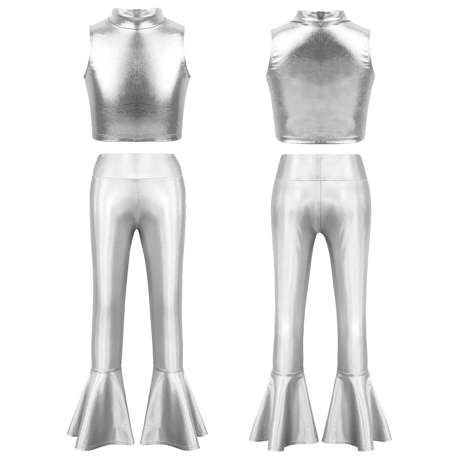 Kid Girl Metallic Sleeveless Turtleneck Crop Top with High Waist Bell-bottoms Pants for Dancewear Practice Basic Classic Costume
Kid Girl Metallic Sleeveless Turtleneck Crop Top with High Waist Bell-bottoms Pants for Dancewear Practice Basic Classic Costume