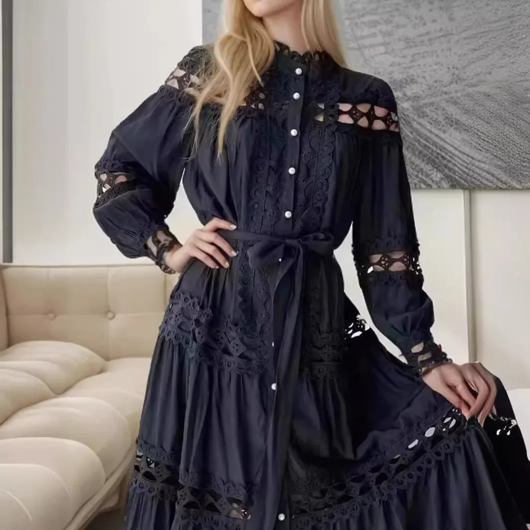 2024 Spring/Summer New Long Sleeve High Neck Hollow Lace Splicing Single breasted Long Dress for Women with Waist Belt
2024 Spring/Summer New Long Sleeve High Neck Hollow Lace Splicing Single breasted Long Dress for Women with Waist Belt