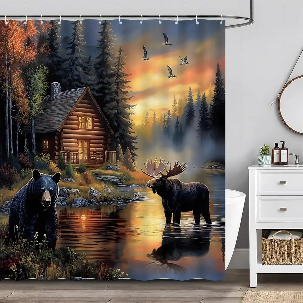Rustic Forest Bear Deer Moose Shower Curtain, Mountain Wildlife Hunting Waterproof Fabric Curtain
Rustic Forest Bear Deer Moose Shower Curtain, Mountain Wildlife Hunting Waterproof Fabric Curtain
