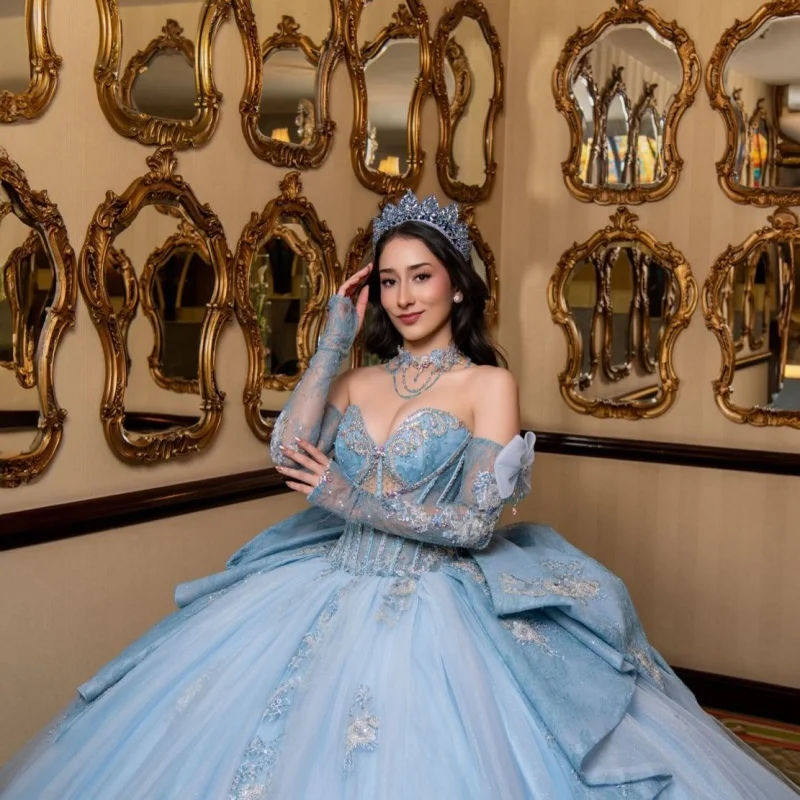 Blue Quinceanera Dress off-shoulder Sequins Decal Lace Layering Long tail Big Bow vestidos de 15 Quinceanera Customize
Blue Quinceanera Dress off-shoulder Sequins Decal Lace Layering Long tail Big Bow vestidos de 15 Quinceanera Customize