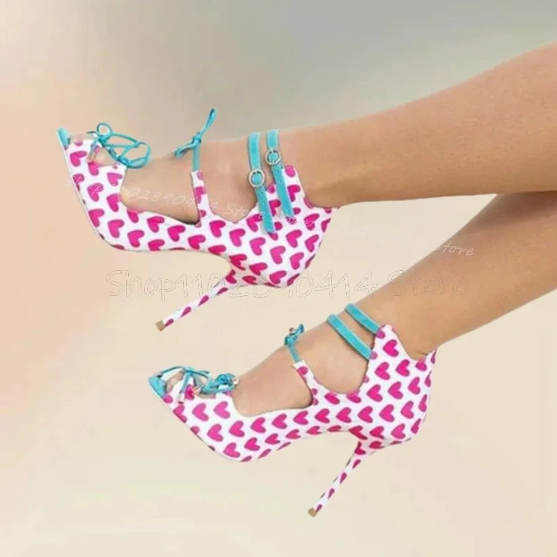 Pink Heart Print Blue Bow Knot Peep Toe Sandals Ankle Buckle Strap Women Shoes Thin High Heels Fashion 2025 Zapatos Para Mujere 
Pink Heart Print Blue Bow Knot Peep Toe Sandals Ankle Buckle Strap Women Shoes Thin High Heels Fashion 2025 Zapatos Para Mujere