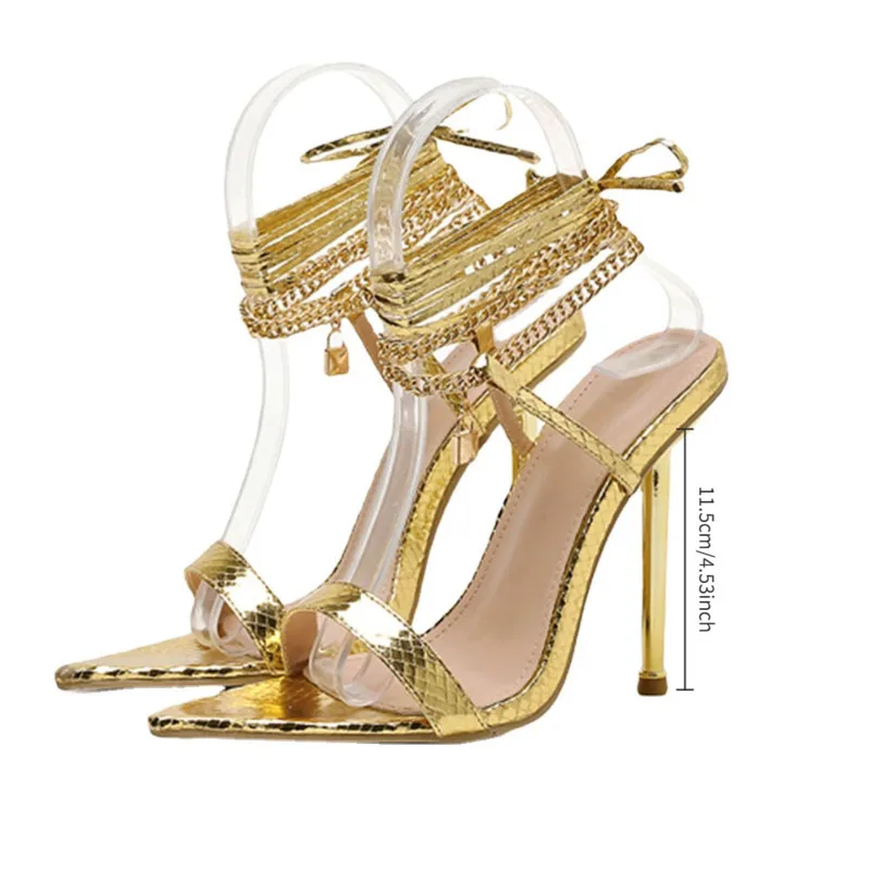 Women's Sandals Summer Roman High Heels Sexy Chain Ankle Strap Pointed Toe Female Party Shoes Gold White 11.5CM Sandals
Women's Sandals Summer Roman High Heels Sexy Chain Ankle Strap Pointed Toe Female Party Shoes Gold White 11.5CM Sandals
