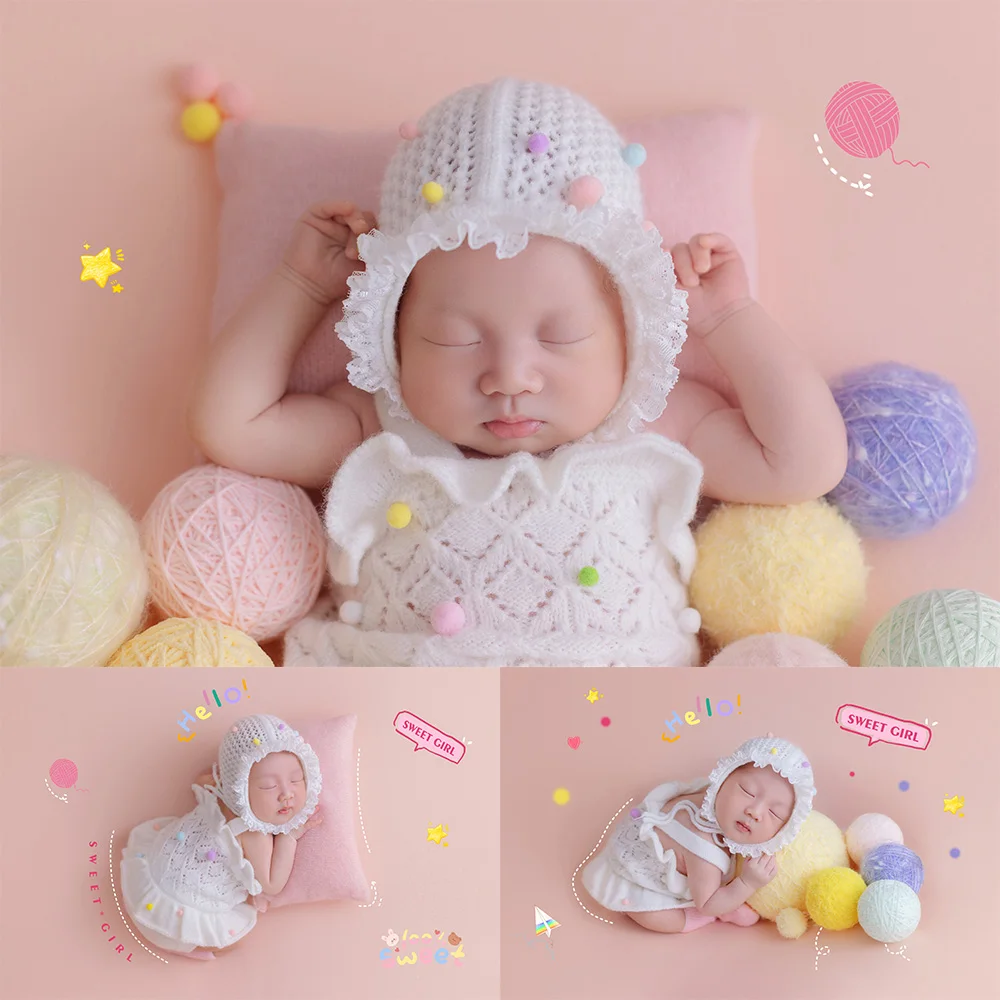 Sweet Girl Newborn Photography Props Breathable Knitted Baby Romper+hat Set Colorful Pom Poms+yarn Balls Props for Studio Shoot
Sweet Girl Newborn Photography Props Breathable Knitted Baby Romper+hat Set Colorful Pom Poms+yarn Balls Props for Studio Shoot