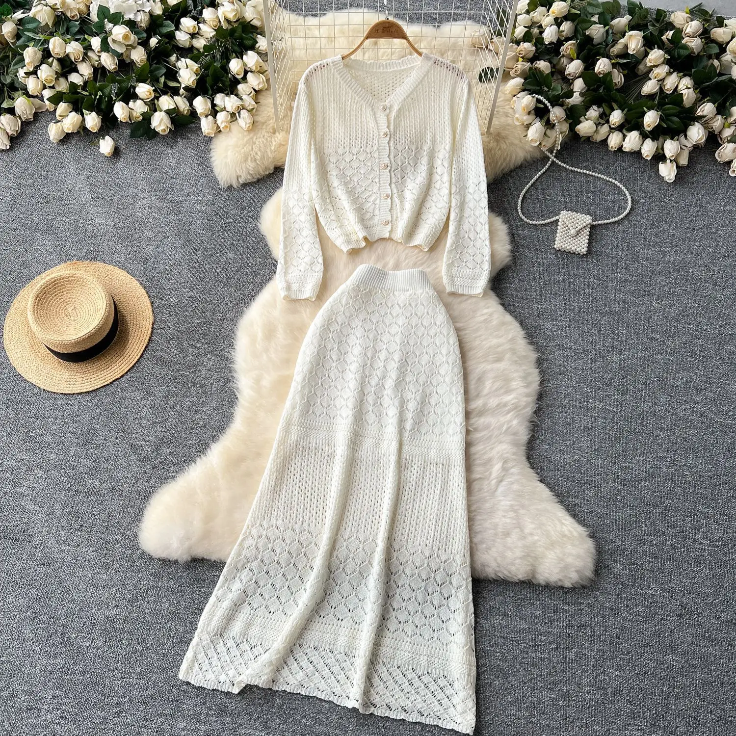 Korean Summer Women's Elegant Gentle Hollowed Out 2 Piece Sets Casual Long Sleeve Knitted Cardigan High Waist Ankle Length Skirt
Korean Summer Women's Elegant Gentle Hollowed Out 2 Piece Sets Casual Long Sleeve Knitted Cardigan High Waist Ankle Length Skirt