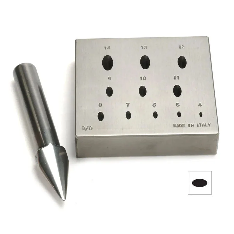 O.M.O® Italy Oval Bezel Forming Block Set #8/B 75% Ratio #8/C 60% Ratio Collet Block with 17° Punch 11 Holes Hardened Steel
O.M.O® Italy Oval Bezel Forming Block Set #8/B 75% Ratio #8/C 60% Ratio Collet Block with 17° Punch 11 Holes Hardened Steel