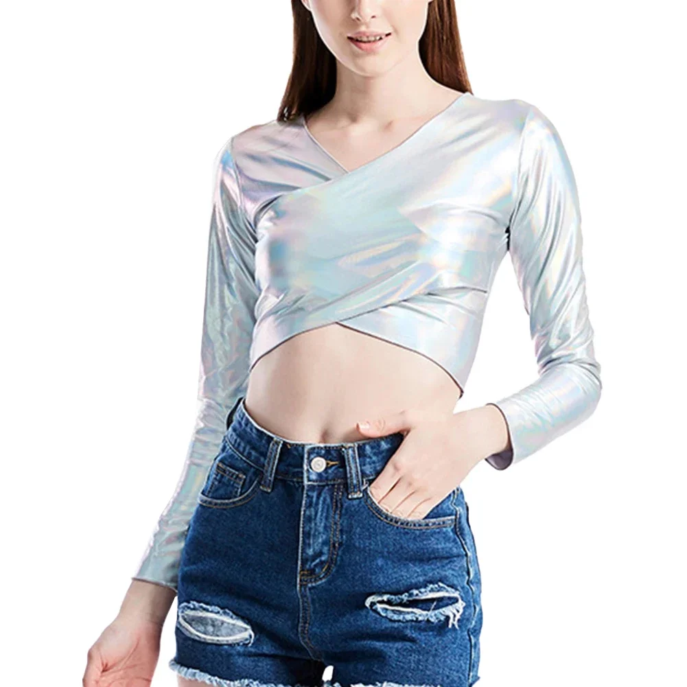 Women Faux Leather Shiny Wetlook Crop Top Long Sleeve V-Neck Top Dance Clubwear Glossy Short Tops Stage Performance
Women Faux Leather Shiny Wetlook Crop Top Long Sleeve V-Neck Top Dance Clubwear Glossy Short Tops Stage Performance