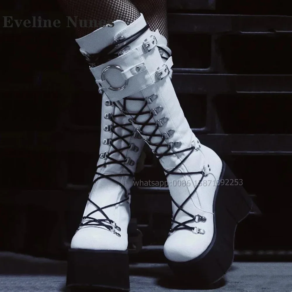 Round Toe Wedges Cross Tied Patchwork Zip Knee High Boots Metal Decoration Platform Motorcycle Boots Big Size Belt Buckle Shoes
Round Toe Wedges Cross Tied Patchwork Zip Knee High Boots Metal Decoration Platform Motorcycle Boots Big Size Belt Buckle Shoes