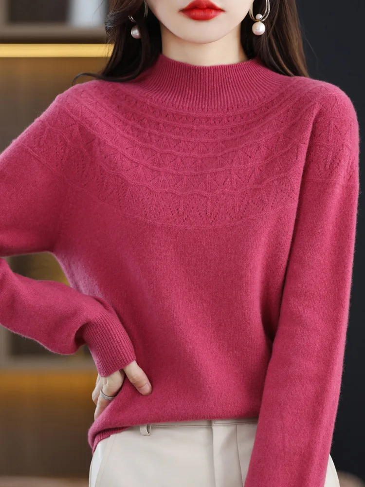 New 100% Merino Wool Women' Sweater Spring Autumn Mock Neck Solid Color Pullover Long sleeved Hollow out Comfortable Clothing
New 100% Merino Wool Women' Sweater Spring Autumn Mock Neck Solid Color Pullover Long sleeved Hollow out Comfortable Clothing