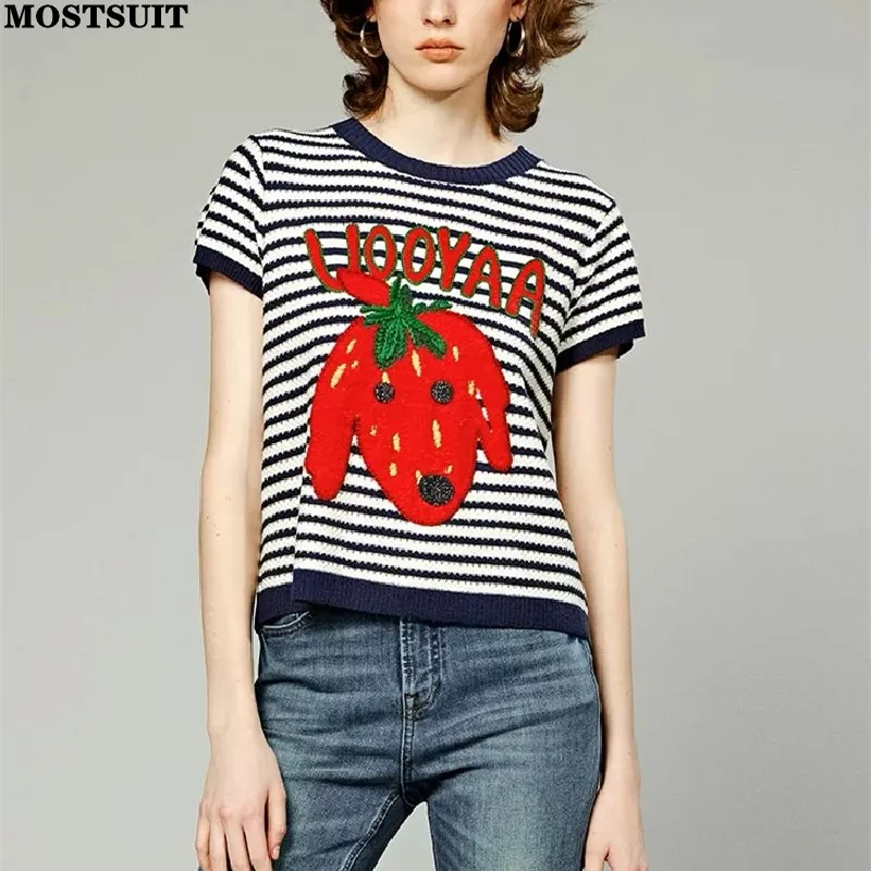 Summer Striped T-shirts Sweater Women Stylish Fashion Chic Ladies Tees Tops Strawberry Dog Short Sleeve O-neck Knitwear Pullover
Summer Striped T-shirts Sweater Women Stylish Fashion Chic Ladies Tees Tops Strawberry Dog Short Sleeve O-neck Knitwear Pullover