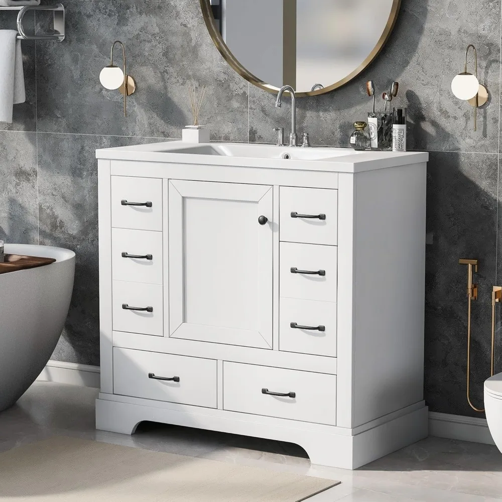 36 Inch Modern Bathroom Vanity with 6 Drawers & 1 Door, Modern Bathroom Vanities with Ceramic Sink and Adjustable Shelf, Solid W
36 Inch Modern Bathroom Vanity with 6 Drawers & 1 Door, Modern Bathroom Vanities with Ceramic Sink and Adjustable Shelf, Solid W