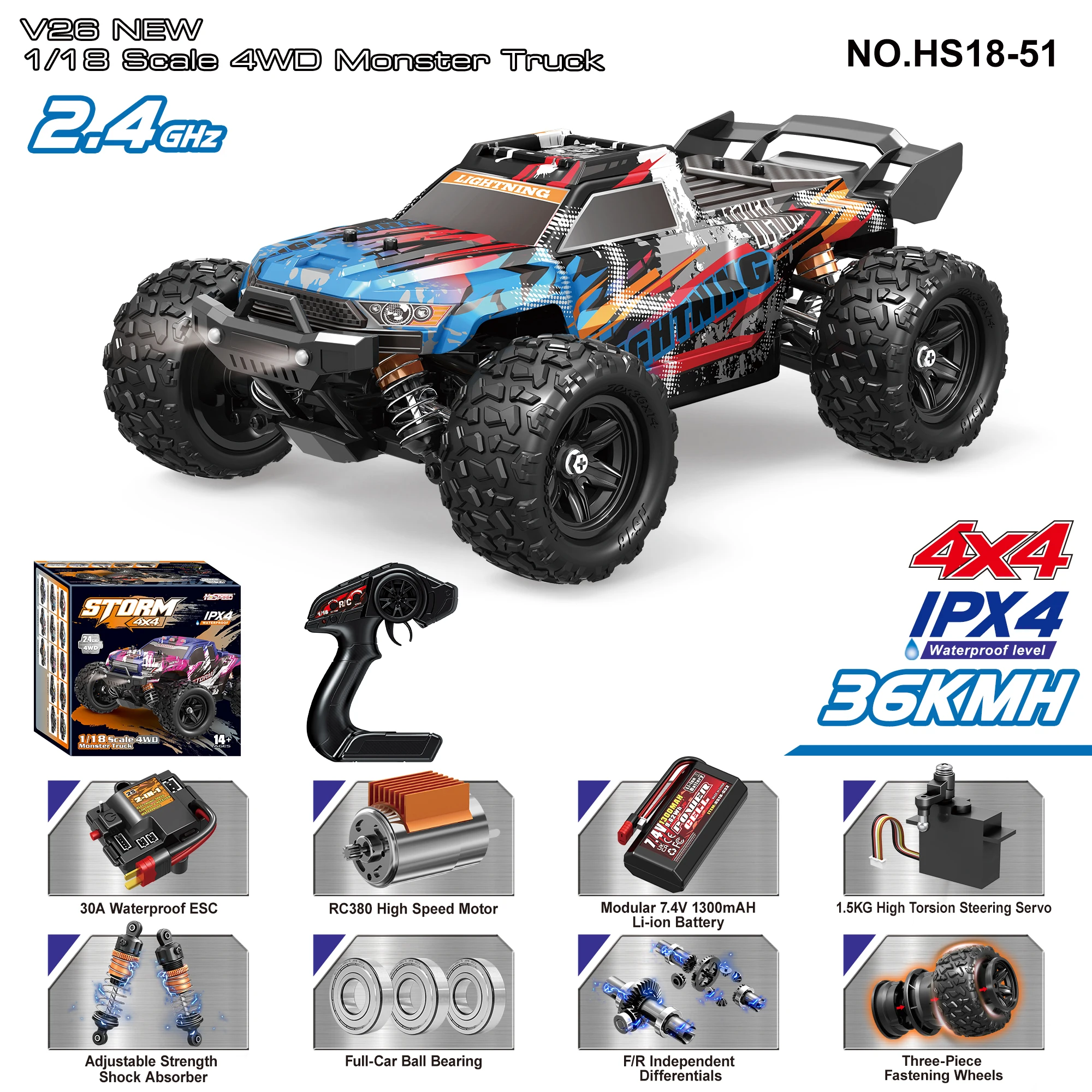 2026 New HS18-51 HS18-61 Scale 4WD High-Speed 1:18 RC Car 36km/h Off-Road Truck Full-Functionality Remote Control Car Toy
2026 New HS18-51 HS18-61 Scale 4WD High-Speed 1:18 RC Car 36km/h Off-Road Truck Full-Functionality Remote Control Car Toy