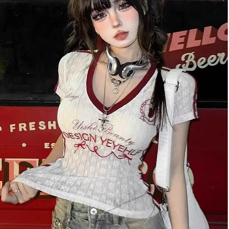 Pop Pop Quality V-neck Lace Embroidery Short Sleeve T-shirt Women Slimming Sexy Versatile Top Trendy Cotton Blend Elastic Materi
Pop Pop Quality V-neck Lace Embroidery Short Sleeve T-shirt Women Slimming Sexy Versatile Top Trendy Cotton Blend Elastic Materi