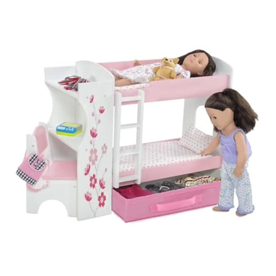 Doll bunk bed set for playroom use: wooden furniture in natural wood color with white bedding, includes desk, storage, and ladd
Doll bunk bed set for playroom use: wooden furniture in natural wood color with white bedding, includes desk, storage, and ladd