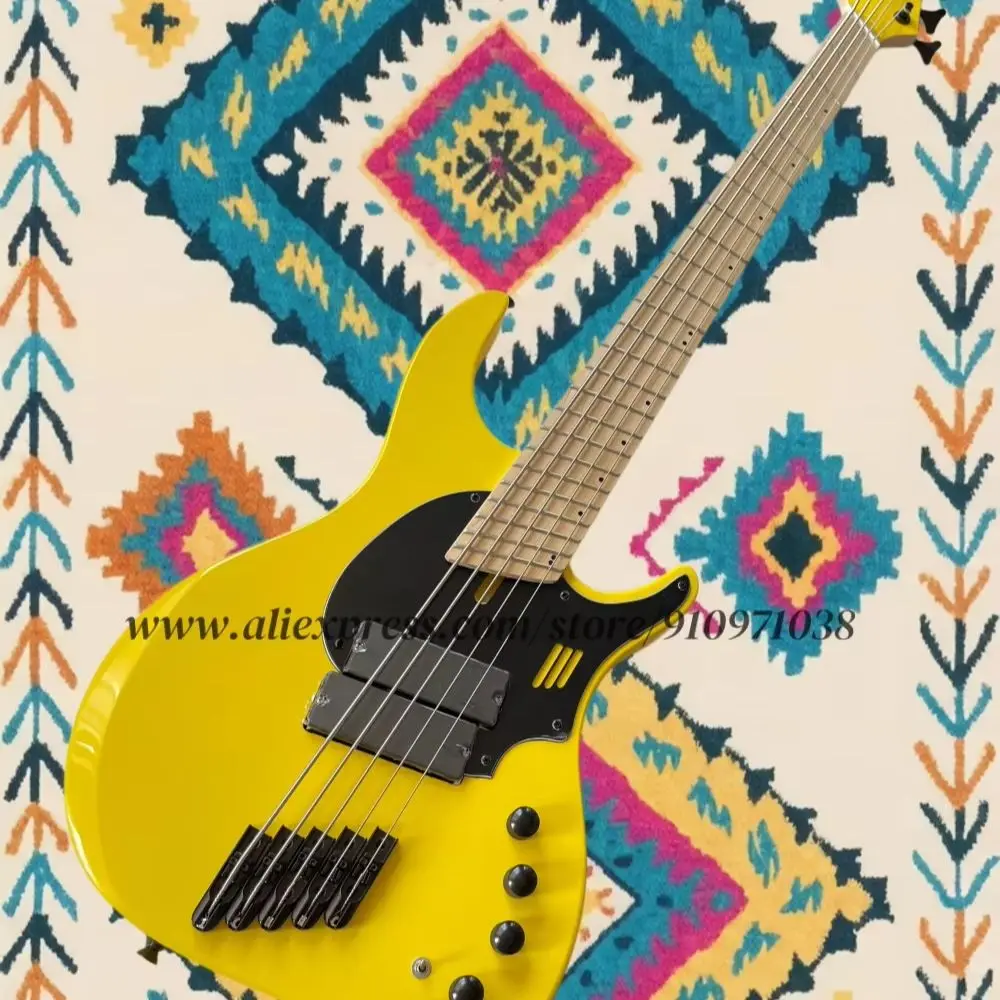 5 string yellow guitar, fixed bridge, Ding W solid body, maple fretboard, 24 frets, black tuners, HH pickups
5 string yellow guitar, fixed bridge, Ding W solid body, maple fretboard, 24 frets, black tuners, HH pickups