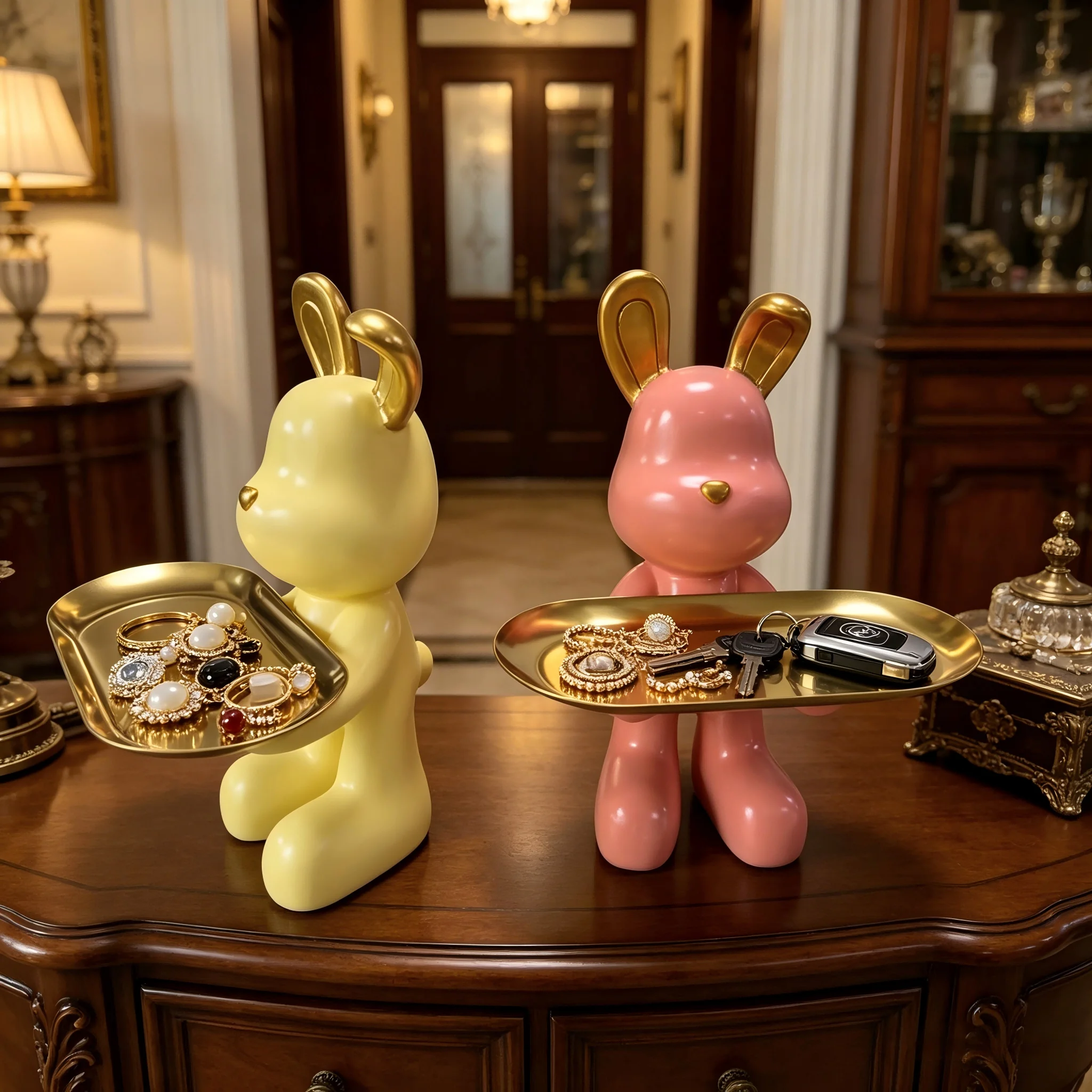 Charming Rabbit Figurine with Metal Tray, Resin Bunny Decorative Tray for Keys, Earrings, Rings, Cute Home Accent
Charming Rabbit Figurine with Metal Tray, Resin Bunny Decorative Tray for Keys, Earrings, Rings, Cute Home Accent