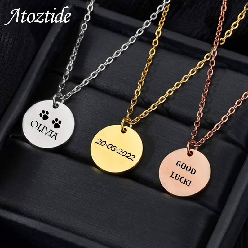 Ожерелье Atoztide с именем на заказ из нержавеющей стали для женщин, индивидуальная гравировка узора, монета, круг, цепь, подвеска, ювелирные изделия, подарок
Ожерелье Atoztide с именем на заказ из нержавеющей стали для женщин, индивидуальная гравировка узора, монета, круг, цепь, подвеска, ювелирные изделия, подарок