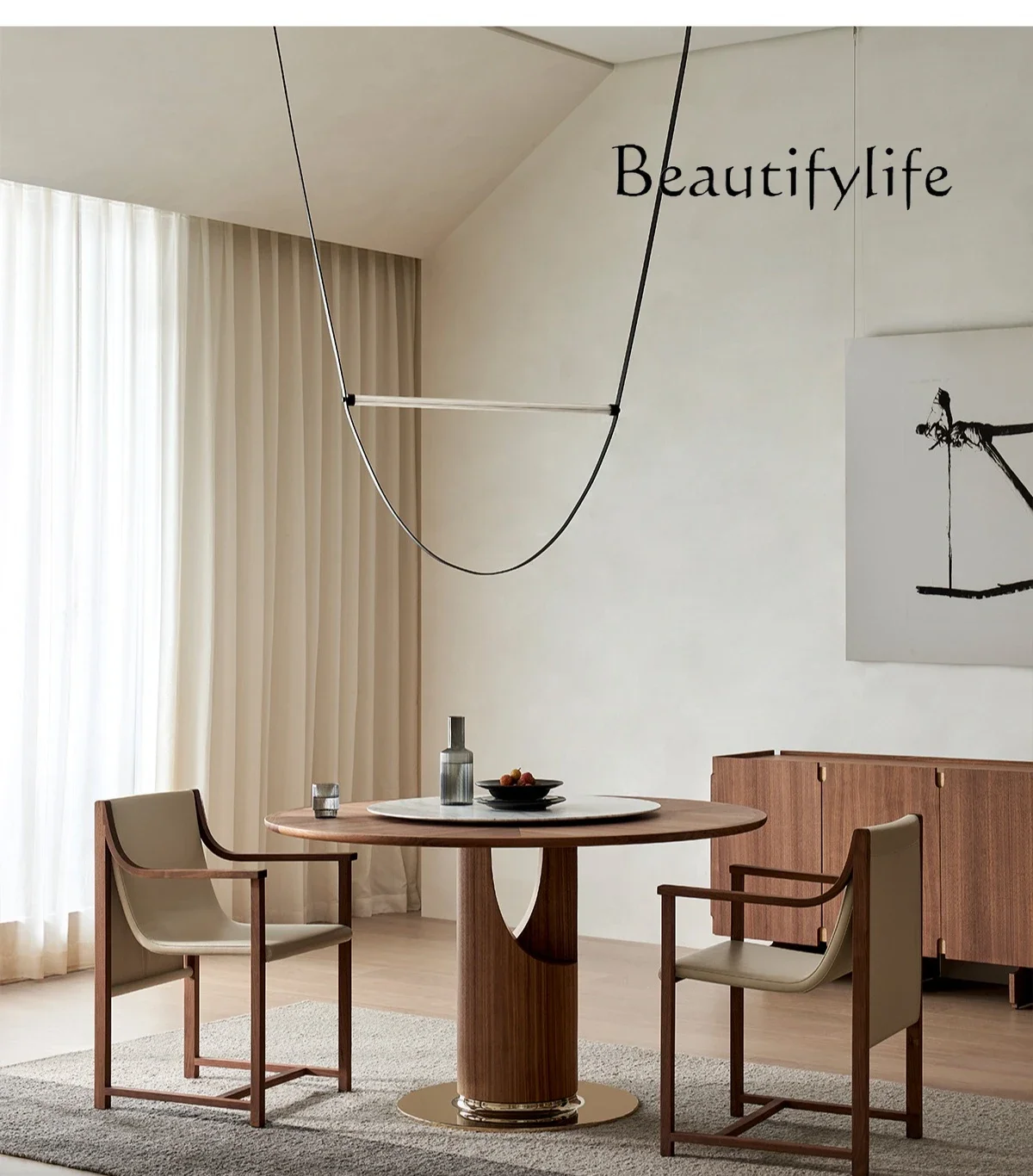 Modern Yunbo dining table, black walnut round table, rotating plate, household solid wood dining table
Modern Yunbo dining table, black walnut round table, rotating plate, household solid wood dining table