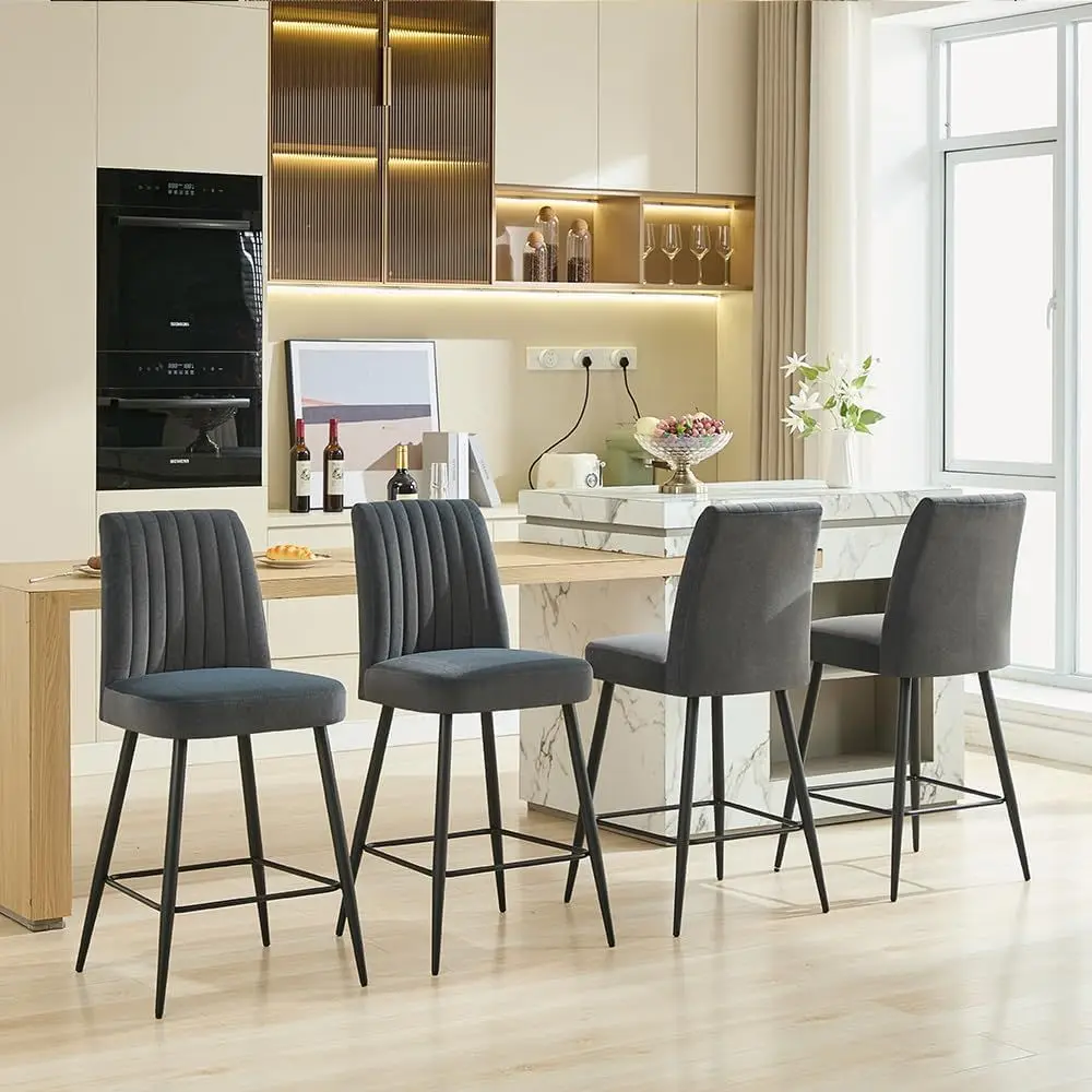 Set of 4, 26 High Counter Stools with Backrest, Velvet-Upholstering, Black Metal Legs for Kitchen and Dining Area
Set of 4, 26 High Counter Stools with Backrest, Velvet-Upholstering, Black Metal Legs for Kitchen and Dining Area