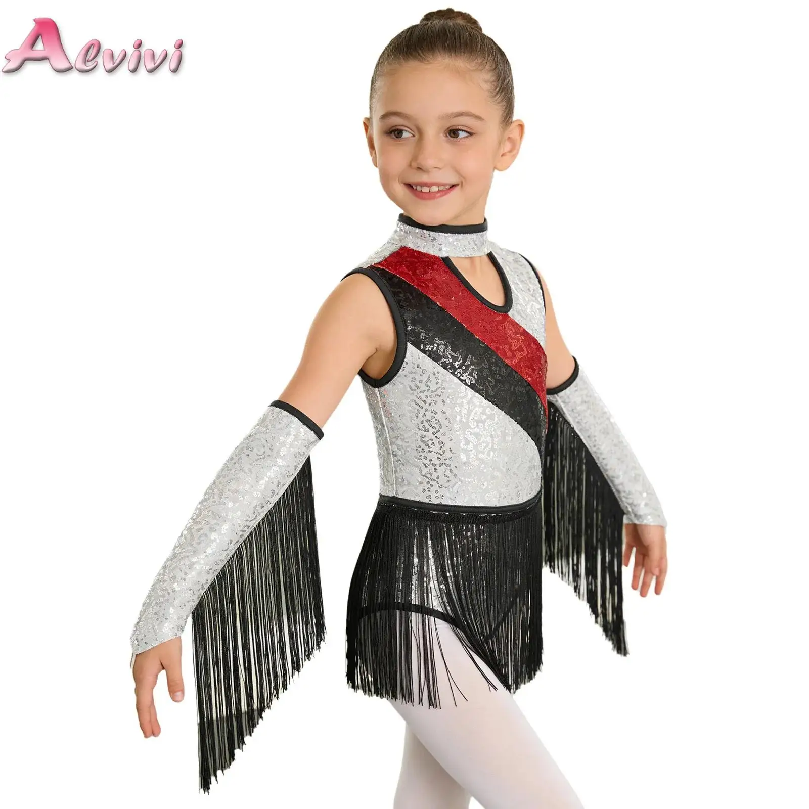 Kids Girls Latin Dance Outfit Sleeveless Cutout Tassel Color Block Sequin Leotard with Finger Fringed Gloves for Performance
Kids Girls Latin Dance Outfit Sleeveless Cutout Tassel Color Block Sequin Leotard with Finger Fringed Gloves for Performance