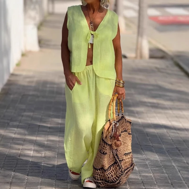 Fashion Sleeveless Lace Up Vest&Wide Leg Pants Sets Simple Commuting Women Casual Outfits 2025 Summer New Vacation Loose 2 Piece
Fashion Sleeveless Lace Up Vest&Wide Leg Pants Sets Simple Commuting Women Casual Outfits 2025 Summer New Vacation Loose 2 Piece
