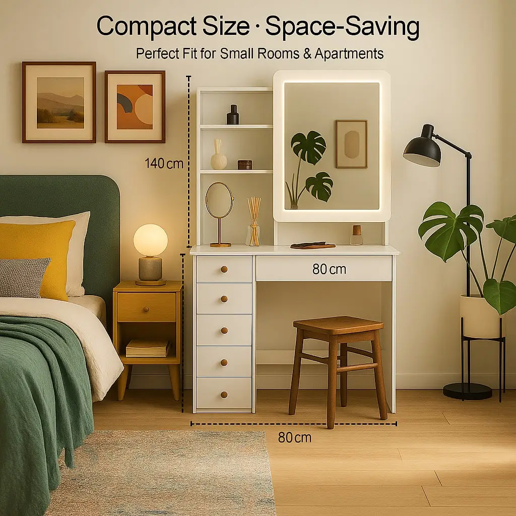 Небольшой туалетный столик с направляющими и квадратным зеркалом, пять ящиков, один большой ящик, три открытых отделения.
Небольшой туалетный столик с направляющими и квадратным зеркалом, пять ящиков, один большой ящик, три открытых отделения.