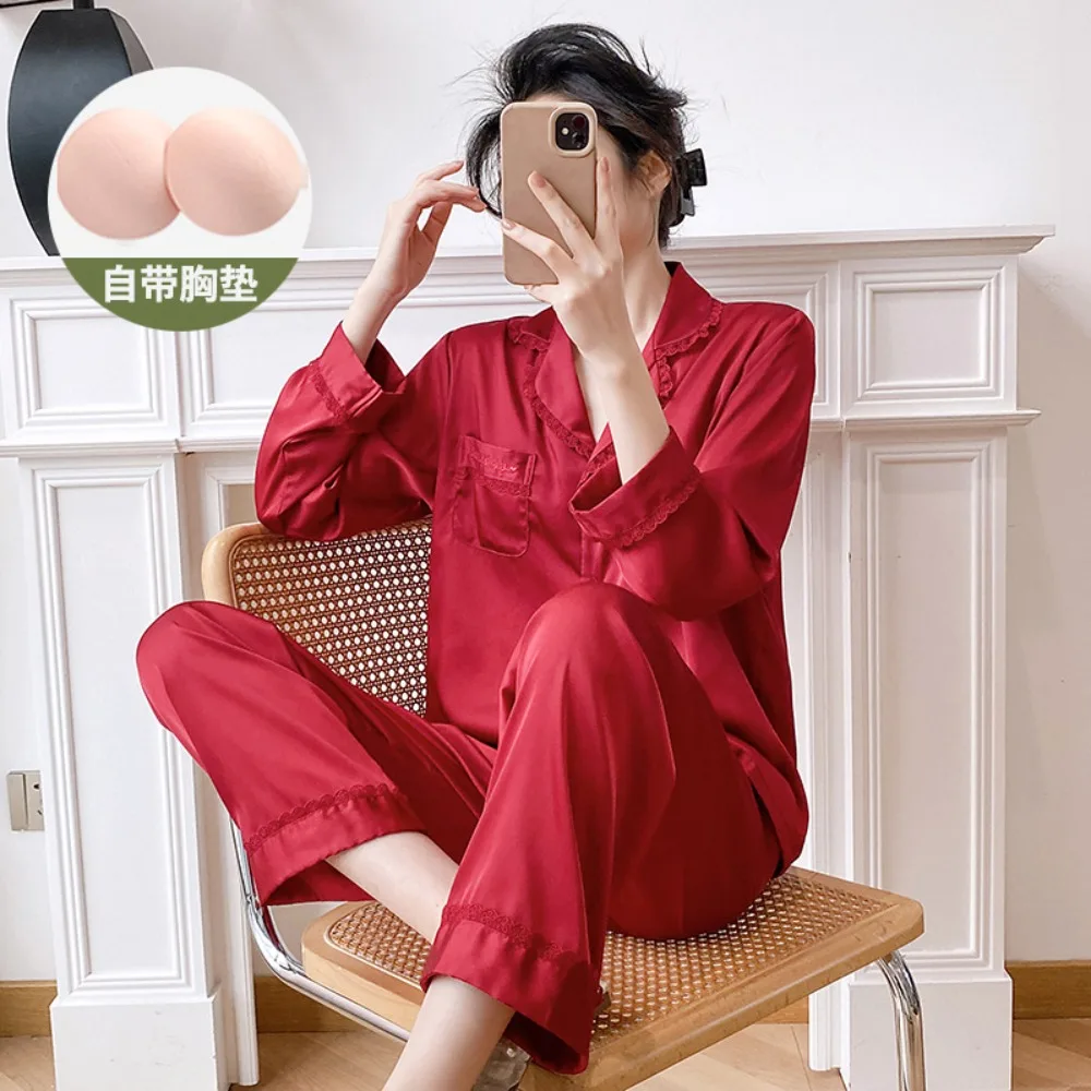 Chest Pad Loungewear Women Pajamas Cardigan Lapel Long Sleeve Night Wear Ladies Sleepwear Autumn Thin 2-Piece Home Clothing
Chest Pad Loungewear Women Pajamas Cardigan Lapel Long Sleeve Night Wear Ladies Sleepwear Autumn Thin 2-Piece Home Clothing