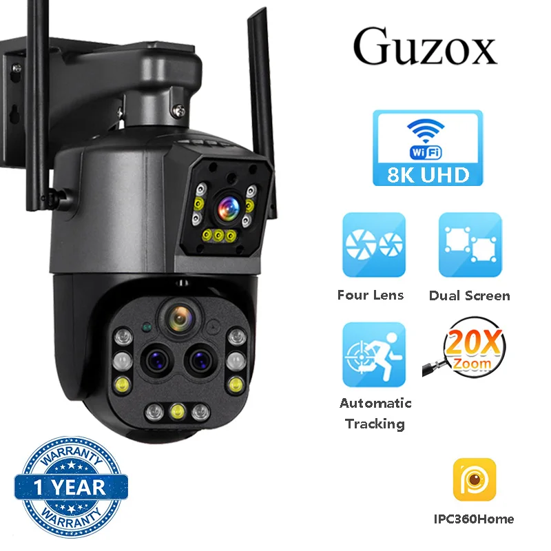 20X Zoom Four-Lens Dual Screens Ultra HD 8K Wifi Wireless Camera Outdoor IP66 Waterproof Humanoid Tracking 360° PTZ CCTV Camera
20X Zoom Four-Lens Dual Screens Ultra HD 8K Wifi Wireless Camera Outdoor IP66 Waterproof Humanoid Tracking 360° PTZ CCTV Camera