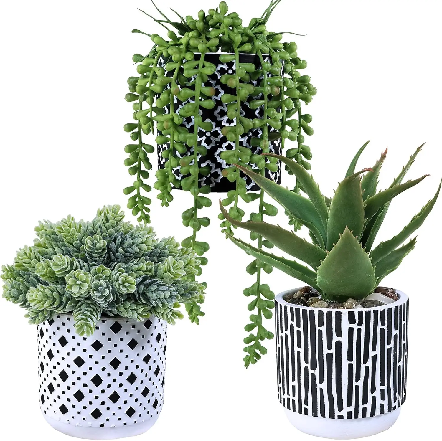 3 Pcs Artificial Succulents in Black & White Concrete Pots for Table Centerpiece, Indoor Outdoor Decor
3 Pcs Artificial Succulents in Black & White Concrete Pots for Table Centerpiece, Indoor Outdoor Decor