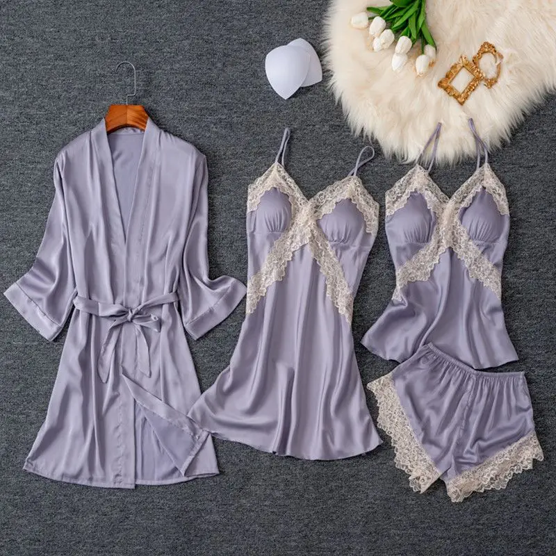Nightgown Women's Summer Ice Silk Sexy Pajamas Halter Shorts with Chest Pad Leopard Print Four-piece Pendant Skirt Home Wear Set
Nightgown Women's Summer Ice Silk Sexy Pajamas Halter Shorts with Chest Pad Leopard Print Four-piece Pendant Skirt Home Wear Set
