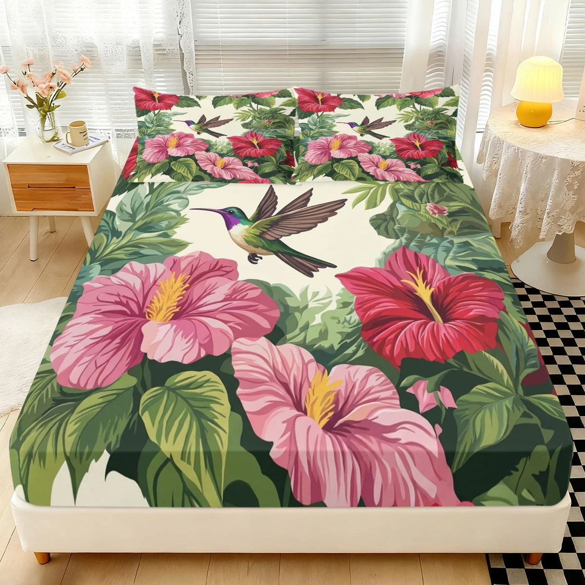 3PCS Tropical Hummingbird Hibiscus Fitted Sheet Set, Elastic Mattress Cover with Pillowcases, Floral Bedding for Bedroom Decor
3PCS Tropical Hummingbird Hibiscus Fitted Sheet Set, Elastic Mattress Cover with Pillowcases, Floral Bedding for Bedroom Decor