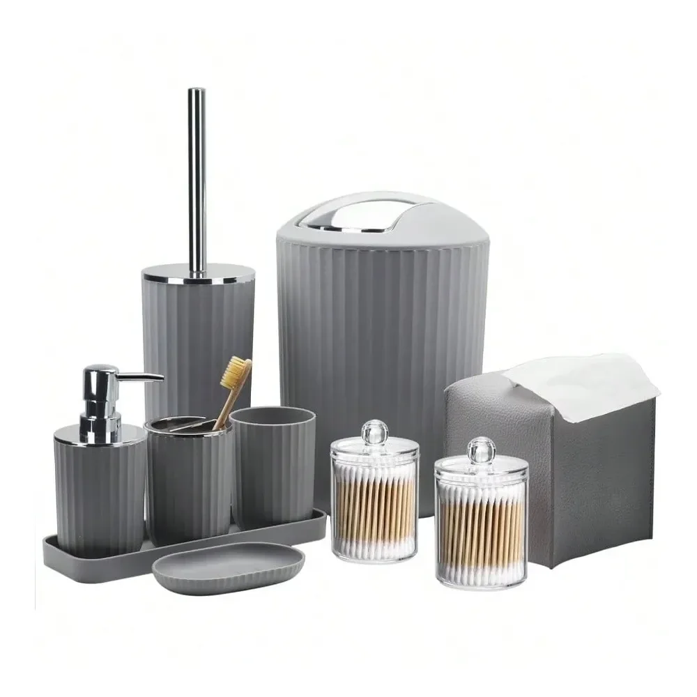 Набор аксессуаров для ванной комнаты, 10 предметов: органайзер, мусорное ведро, держатель для зубных щеток и стакан, дозатор для мыла.
Набор аксессуаров для ванной комнаты, 10 предметов: органайзер, мусорное ведро, держатель для зубных щеток и стакан, дозатор для мыла.