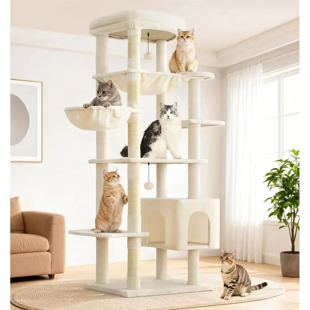 71 High Large Cat Tower with 5 Posts, 2 Hammocks, Condo, Perch, Beige
71 High Large Cat Tower with 5 Posts, 2 Hammocks, Condo, Perch, Beige