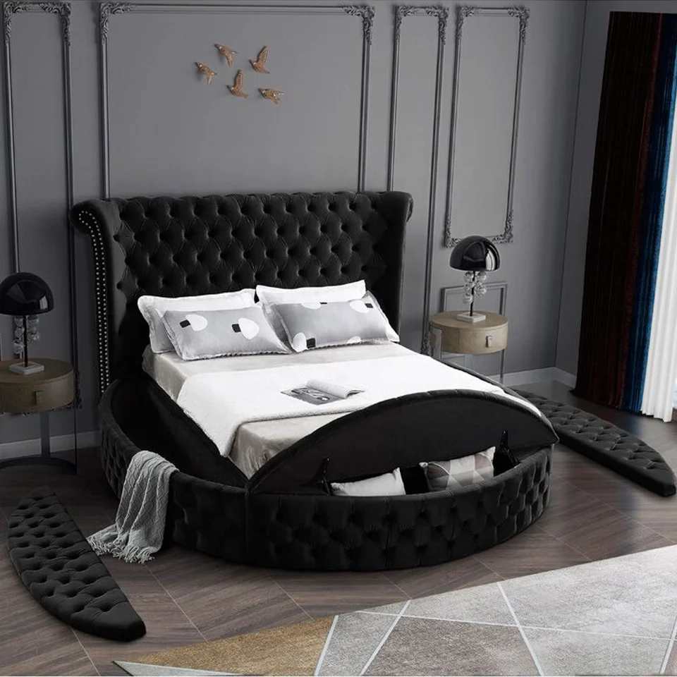 Modern Luxury Soft Bed Black Velvet Fabric Tufted Headboard King Queen Size Round Storage Bed With Trundle
Modern Luxury Soft Bed Black Velvet Fabric Tufted Headboard King Queen Size Round Storage Bed With Trundle