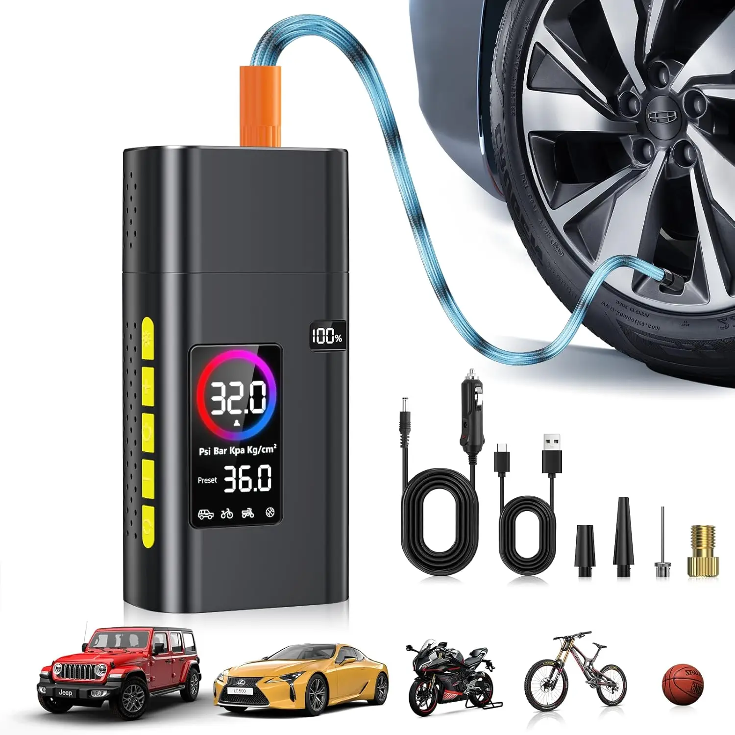 180PSI Tire Inflator Portable Air Compressor, 26000mAh Portable Tire Inflator for Car,5X Fast Electric Bike Air Pump with Digita
180PSI Tire Inflator Portable Air Compressor, 26000mAh Portable Tire Inflator for Car,5X Fast Electric Bike Air Pump with Digita