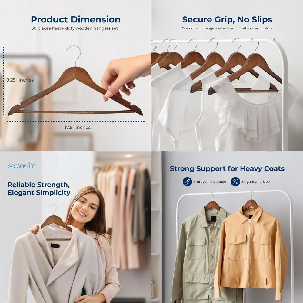 Wooden Hangers 50 Pieces Heavy Duty Vintage Finish Clothes Hanger Set with 360° Swivel Hook Non Slip Notches Pants Bar Elegant S
Wooden Hangers 50 Pieces Heavy Duty Vintage Finish Clothes Hanger Set with 360° Swivel Hook Non Slip Notches Pants Bar Elegant S