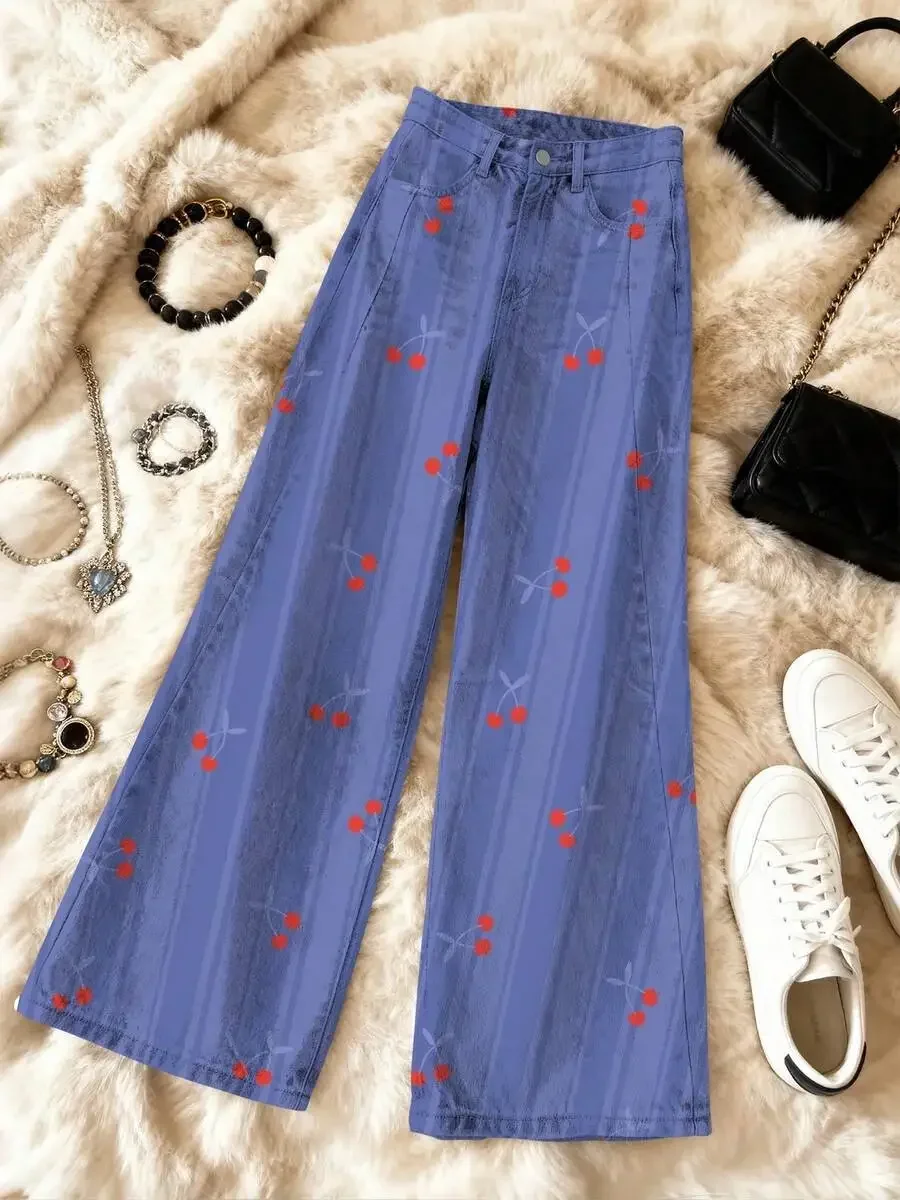 Women Wide Leg Cherry Print Denim Style Pants Blue Red Stripe Button Fly Casual Trousers
Women Wide Leg Cherry Print Denim Style Pants Blue Red Stripe Button Fly Casual Trousers