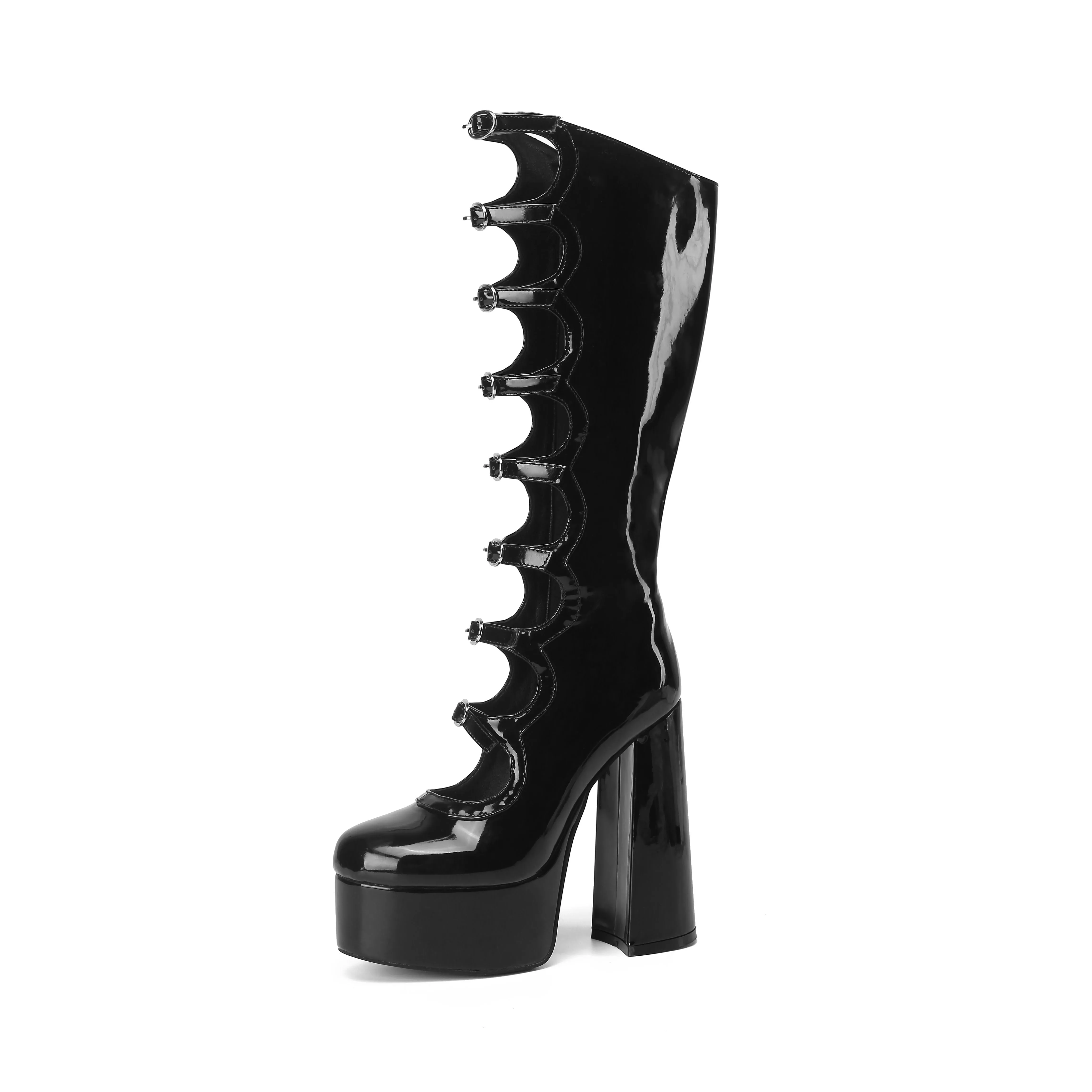 Frankie Hsu Gothic Lolita Women's Large Size Buckle Strap Black Patent Leather Platform Chunky Block Knee High Heeled Boots
Frankie Hsu Gothic Lolita Women's Large Size Buckle Strap Black Patent Leather Platform Chunky Block Knee High Heeled Boots
