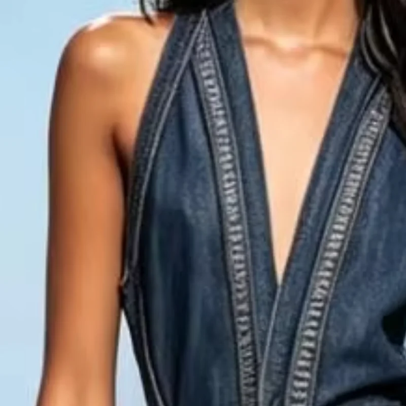 Denim Jumpsuit for Women, Sophisticated Sleeveless Halter V Neck Jeans Pants Romper, High Waist Casual Outfits with Pockets
Denim Jumpsuit for Women, Sophisticated Sleeveless Halter V Neck Jeans Pants Romper, High Waist Casual Outfits with Pockets