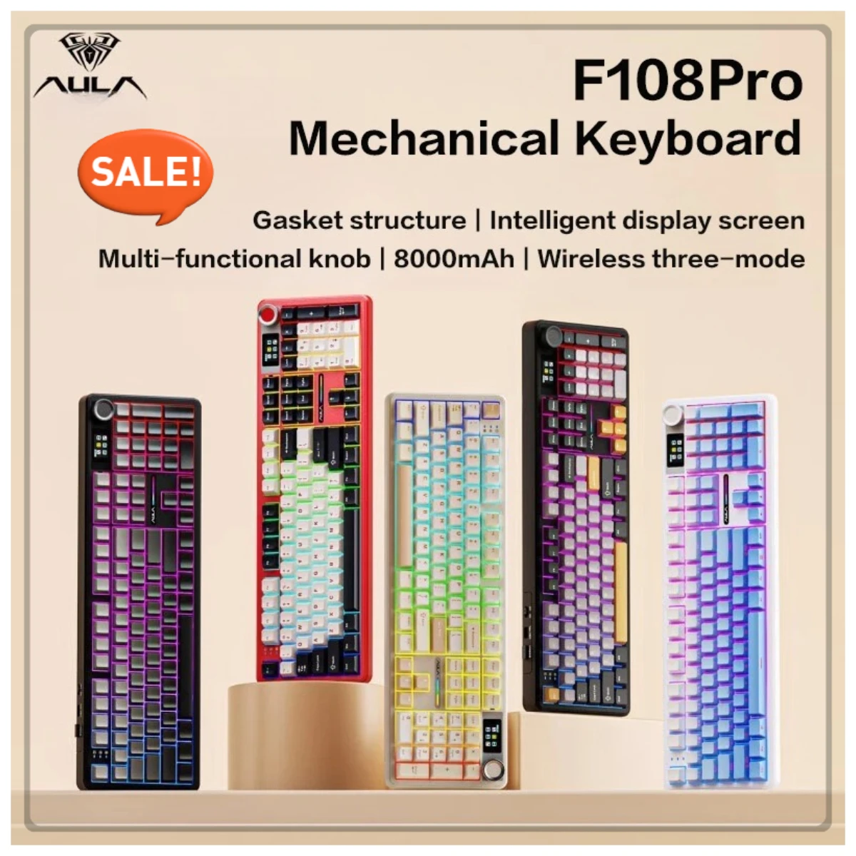 AULA F108 Pro Mechanical Keyboard Three-mode Bluetooth Wired Customized Full-key Hot-swapable Gasket RGB Gradual Color Change
AULA F108 Pro Mechanical Keyboard Three-mode Bluetooth Wired Customized Full-key Hot-swapable Gasket RGB Gradual Color Change