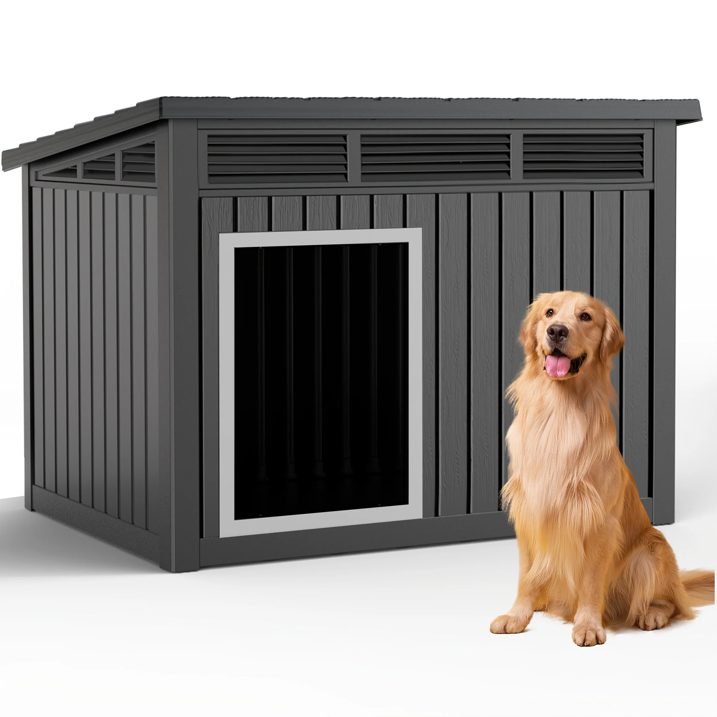 42.87"x32.95"x31.61" Slanted Top Doghouse for Large Dogs - UV-Resistant Outdoor Pet Shelter with Ventilation Openings, Easy Assembly, Durable Plastic Construction,, Modern Pet House, Weatherproof Pet Home,Outdoor Stray Dog Kennel
42.87"x32.95"x31.61" Slanted Top Doghouse for Large Dogs - UV-Resistant Outdoor Pet Shelter with Ventilation Openings, Easy Assembly, Durable Plastic Construction,, Modern Pet House, Weatherproof Pet Home,Outdoor Stray Dog Kennel
