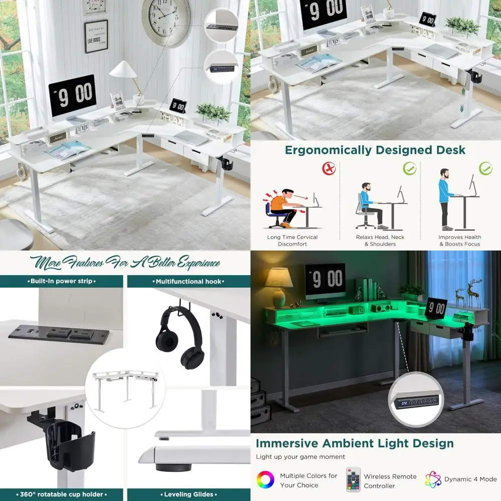 L-Shaped Electric Height-Adjustable Desk, 75x60 Inches, with Corner Gaming Features, Drawers, and Keyboard Tray
L-Shaped Electric Height-Adjustable Desk, 75x60 Inches, with Corner Gaming Features, Drawers, and Keyboard Tray