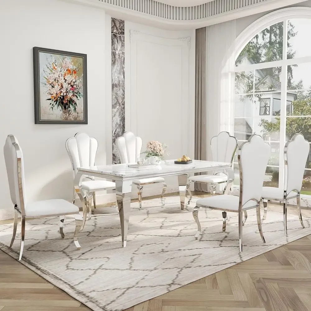 7-Piece Marble Top Dining Set with Upholstered Chairs, White & Silver
7-Piece Marble Top Dining Set with Upholstered Chairs, White & Silver