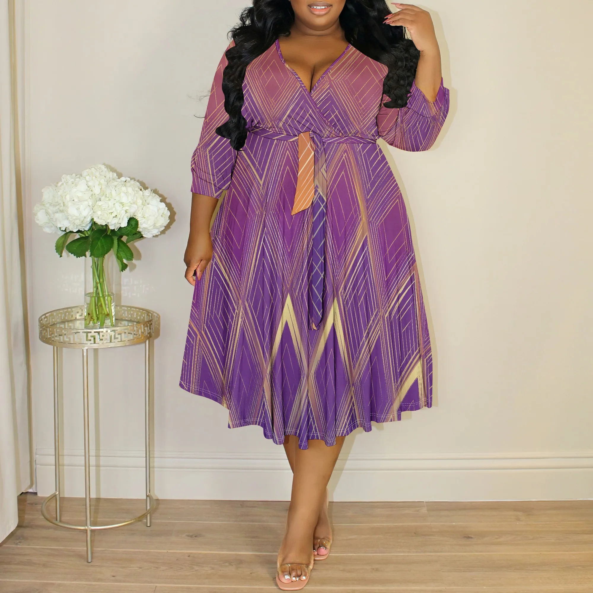 Purple Geometric Print Midi Dress XL-6XL V-Neck Belted Style for Church, Office, or Elegant Plus Size Occasion Look
Purple Geometric Print Midi Dress XL-6XL V-Neck Belted Style for Church, Office, or Elegant Plus Size Occasion Look